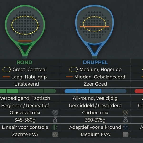 Anatomie van een padelracket met verschillende onderdelen