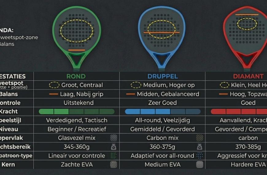 Anatomie van een padelracket met verschillende onderdelen
