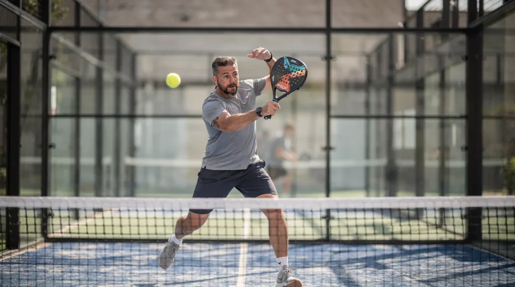 Aanvallende volley padel techniek uitgevoerd dicht bij het net